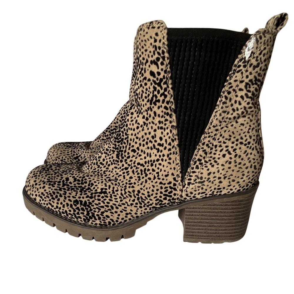 Adrienne Leopard Print Ankle Boots Tan Black Cheetah Lug Sole Block Heel Size 7